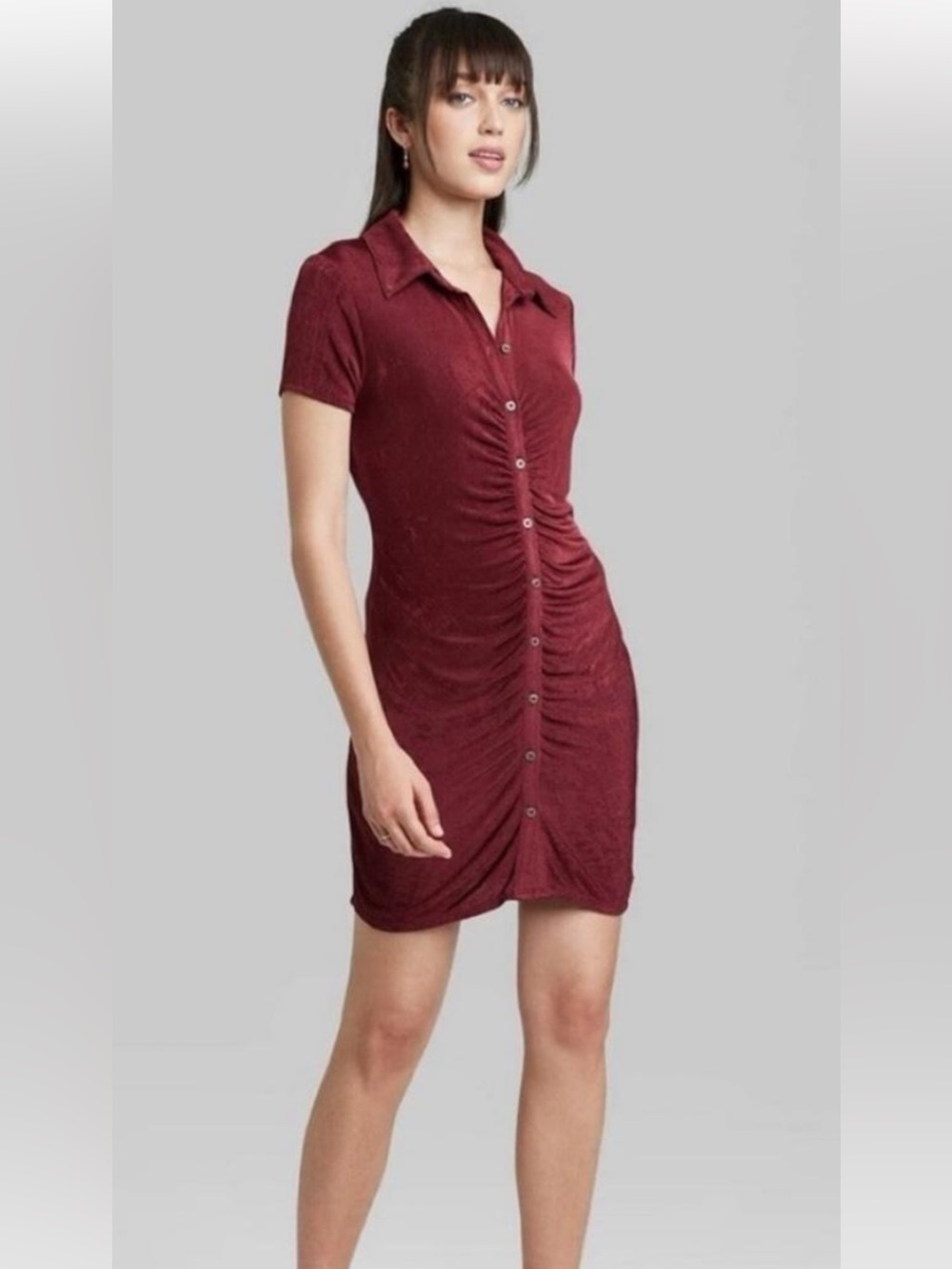 Ruched Button-Front Short Sleeve Dress - Burgundy